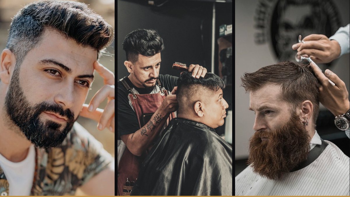 Tres retratos de hombre con cortes y barbas distintos