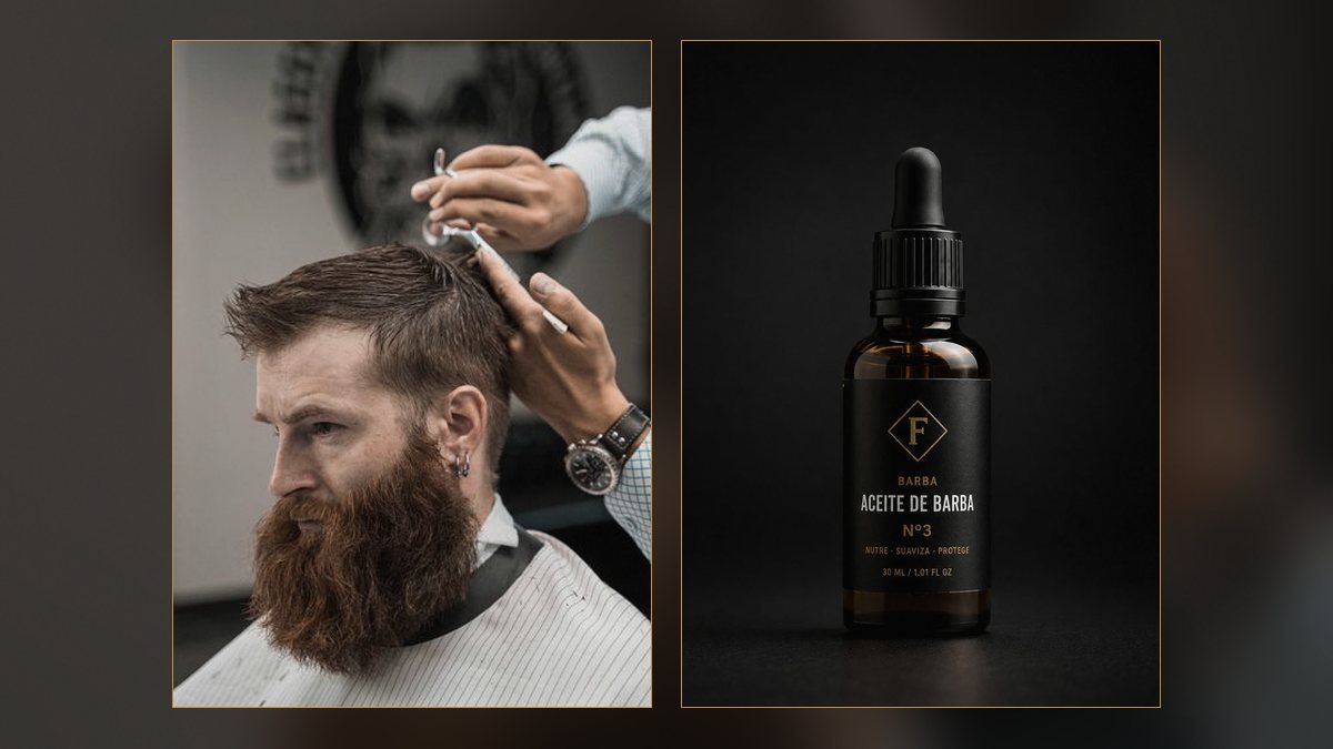 Barbero recortando con tijera una barba larga y pelirroja, junto a un frasco de aceite de barba